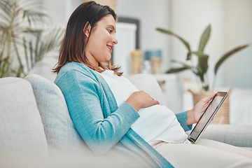 Image showing Pregnancy planning, relax and woman with a tablet, streaming movies and reading information on baby health. Pregnant research, healthcare and mother with social media on tech during maternity leave
