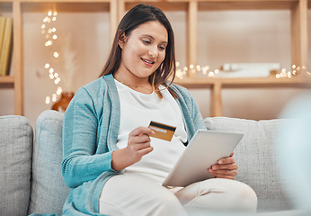 Image showing Ecommerce, credit card and pregnant woman with tablet on sofa using internet wifi connection, electronic payment and online shopping. Digital retail, banking in living room and spend money at home