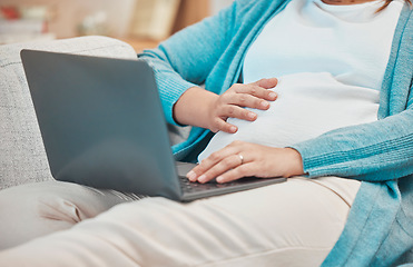 Image showing Pregnant, woman and laptop for online medical research to prepare for motherhood and being a parent. Computer, mum and pregnancy with a female searching for child advice during maternity leave