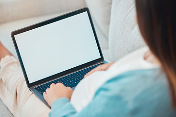 Image showing Woman, laptop screen and home sofa for online shopping, internet search and communication on social media reading ecommerce ads. Free mockup space for product placement or website with pregnant woman