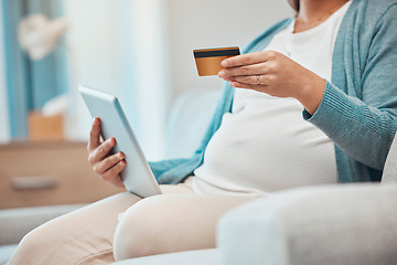 Image showing Pregnant woman, tablet and credit card for ecommerce, online shopping and payment on internet store on home sofa. Female with technology for banking, savings and future with insurance in pregnancy