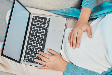 Image showing Laptop, pregnant woman and relax on sofa for pregnancy research, search website or motherhood planning on digital tech in home. New mom, child and prenatal support online or learning childcare on web