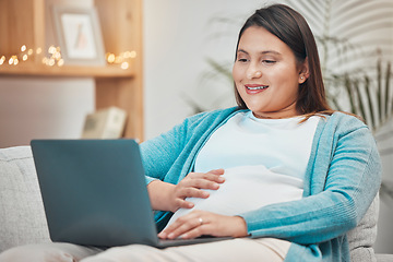 Image showing Pregnant, relax or woman online shopping on laptop for baby clothes or shoes on ecommerce website at home. Surfing, pregnancy or happy person in maternity smiles at internet search choices on sofa