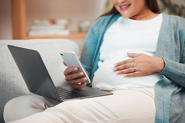 Image showing Relax, pregnancy and woman on sofa with phone and laptop in living room at home reading email or text. Internet, video call or social media, pregnant woman sitting on couch with smile surfing online.