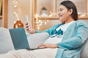 Image showing Phone, laptop and online shopping with a woman pregnant at home doing a search for baby clothes or shoes. Ecommerce, computer and internet with a female parent buying a pregnancy product from a sofa