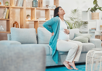 Image showing Pregnant, woman and back pain with a mother feeling painful body while sitting on her couch. Ache, inflammation and pregnancy with a maternity female with physical strain in her back at home