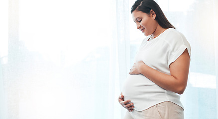 Image showing Pregnant woman, stomach and mockup space of mother excited for her future baby. Pregnancy, wellness and healthy maternity of happy lady, abdomen and body for fertility, birth and medical gynecology