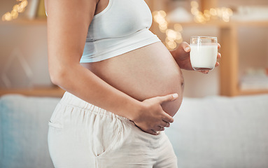 Image showing Woman, pregnant stomach and glass of milk for nutrition, wellness or healthy diet of future baby. Pregnancy, abdomen and lady drinking dairy for body care, maternity and vitamins, protein and calcium
