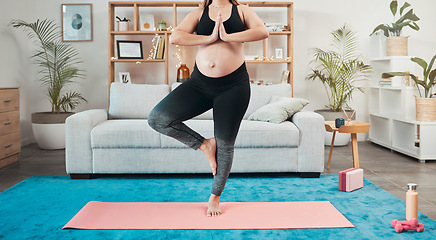 Image showing Yoga, pregnant woman and meditation in living room, workout and fitness. Pregnancy, healthy female and lady with peace, zen and calm to relax, health and training in lounge, wellness and exercise.