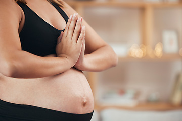 Image showing Yoga, praying and stomach of pregnant woman with fitness, healing and health for wellness lifestyle, spa and peace hands. Prayer, meditate and calm pregnancy with abdomen for spiritual and meditation