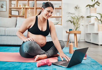 Image showing Pregnant woman, laptop and home workout with yoga tutorial while streaming online for exercise, fitness and pilates for health and wellness. Female on internet for virtual pregnancy class or webinar