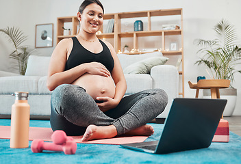 Image showing Laptop, pregnancy yoga and woman in a living room doing wellness exercise tutorial at home. Fitness, meditation and pregnant lady streaming pilates health workout on internet with computer in lounge.