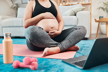 Image showing Laptop, pregnant woman and yoga or pilates in living room, motivation for fitness and health from home. Exercise, wellness and zen, online yoga class for woman during pregnancy, safe workout to relax