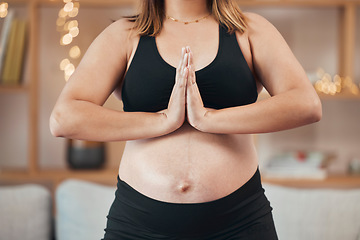 Image showing Meditation, yoga and pregnant woman in spa for fitness wellness, healthcare of body or stomach development, growth and healing. Pregnancy, self love and woman prayer hands meditate for holistic care