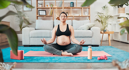 Image showing Pregnancy, pregnant woman yoga and wellness meditation exercise for pain relief, mental focus and spiritual zen healing. Indian woman , prenatal pilates and fitness health workout in home living room