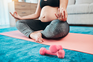 Image showing Yoga, pregnant woman and meditation in living room, wellness or health. Pregnancy, female or lady with peace, zen and calm to relax, fitness and training in lounge with dumbbells, workout or exercise