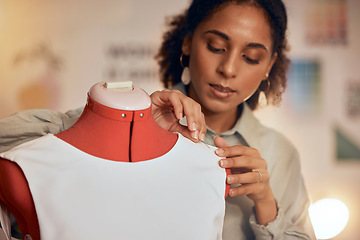 Image showing Tailor, mannequin and black woman sewing clothes, fabric or luxury apparel for creative design in studio workshop atelier. Startup small business designer, service and sewer working on fashion outfit