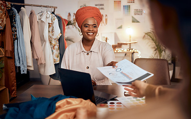 Image showing Creative woman, document and laptop in fashion design for analytics, marketing or planning at the workshop. Happy African American female fashion designer handing data statistics for market startup