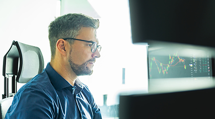 Image showing Stock broker trading online watching charts and data analyses on multiple computer screens.