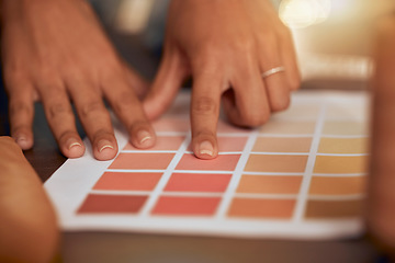 Image showing Interior designer hands, paint color sample and choice for design, planning and vision at job. Woman designer, color palette and choosing for home improvement, career or diy for renovation in house