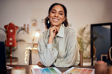 Image showing Fashion, small business and portrait of black woman designer at desk in creative office. Startup owner, woman business owner and happy smile, confident manufacturing luxury clothes for online shop.