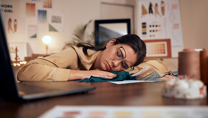Image showing Fashion designer, stress and sleeping on studio table in deadline pressure, startup fail or small business anxiety. Tired, asleep and exhausted creative in clothes workshop, mental health or burnout