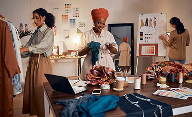 Image showing Fashion, small business and team of women in workshop, studio office planning, creative strategy and marketing ideas for e commerce. Black woman group, retail and clothes manufacturing or production