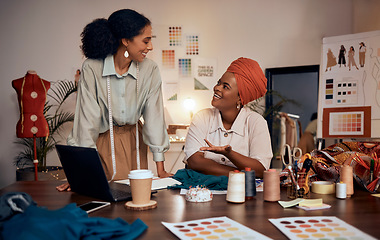 Image showing Creative, fashion or designer woman in office with fabric design planning, collaboration or teamwork with smile. Business meeting, diversity or women for small business, startup or company growth