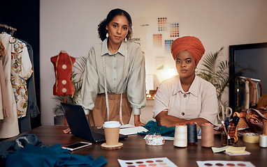 Image showing Portrait, fashion and design with women seamstress team working, planning and vision in their startup. Teamwork, partnership and workshop with a female designer females at work with creative clothes