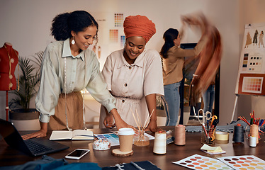 Image showing Designer, team creative collaboration and fashion designers working in studio for brainstorming, planning design and business people teamwork. Creativity, project plan or innovation in design agency