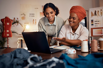 Image showing Fashion design, laptop and collaboration of designer team or black women talking, planning vision idea and reading SEO feedback at night. Entrepreneur females with technology for marketing sales