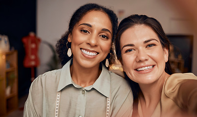 Image showing Woman, friends and portrait smile for selfie together in happy friendship or partnership at the workshop. Women tailor fashion designer faces smiling for photo, moments or free time at the workplace