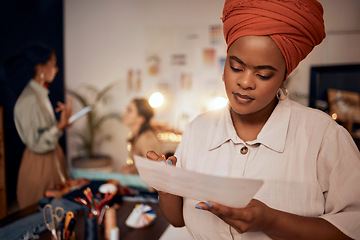 Image showing Black woman, thinking or fashion designer with paper for ideas, innovation or vision in studio, manufacturing workshop or small business. Creative worker, employee or tailor and documents in boutique