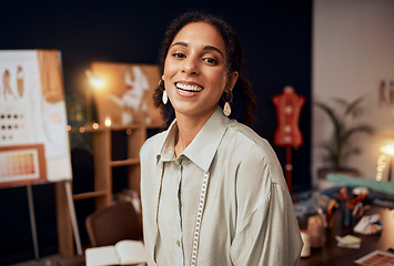 Image showing Happy, fashion or designer woman for leadership, motivation or design success in office with smile. Portrait, smiling or seamstress girl in studio for creative tailor work, manufacturing or startup