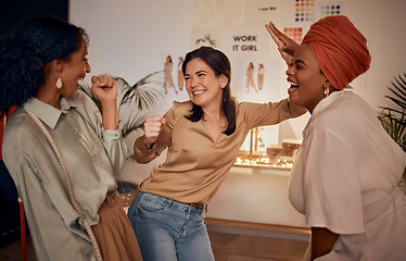 Image showing Fashion designer, high five or success in teamwork collaboration, partnership store deal or sales growth in manufacturing workshop. Smile, happy or excited creative women in night clothing boutique