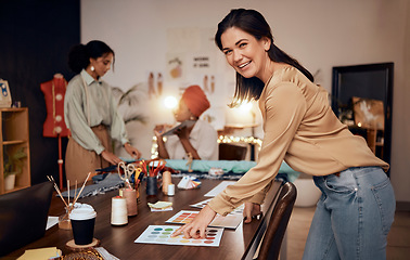 Image showing Fashion designer, paper documents with color choice, ideas or swatch options for trendy, style or cool clothes in retail workshop. Portrait, smile or happy creative seamstress with innovation vision