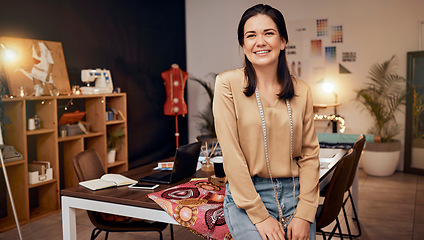 Image showing Portrait, fashion and designer in workspace, woman and with smile. Young female, tailor and creative entrepreneur, prepare for runway show, relax and happiness for business, success and in workplace.