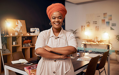 Image showing Portrait, fashion and proud fashion designer in her workshop or design studio ready to make clothes. Front, arms crossed and happy tailor or seamstress working in her clothing manufacturing business
