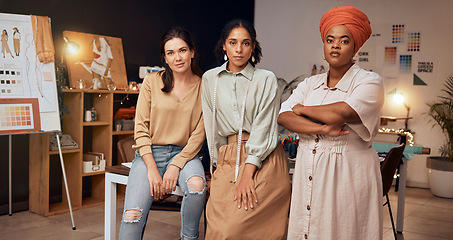 Image showing Fashion designer, women and empowerment in small business, clothing boutique or manufacturing workshop at night. Portrait, creative designer or seamstress workers in teamwork collaboration with ideas