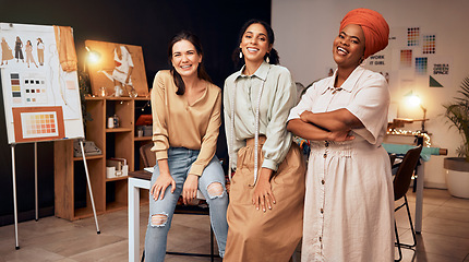 Image showing Fashion designer group, workshop portrait and happy for vision, goals and dream with smile in studio. Diversity women, design team or friends in startup with motivation, ambition or teamwork in Paris