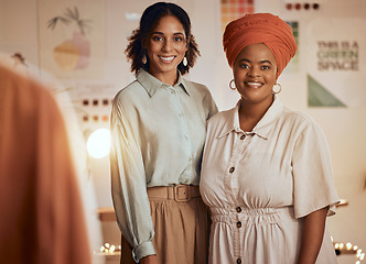 Image showing Fashion, designer and portrait of women team in workshop studio for small business startup, creative or fabric manufacturing career. Clothes production, color supplier and partnership of black woman