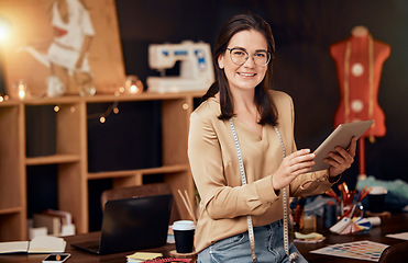 Image showing Portrait, woman or fashion designer with tablet for social media, business promotion or smile in workplace. Young female, entrepreneur or device for online research, advertise and happiness in office