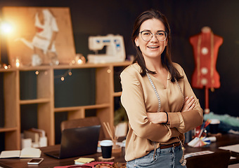 Image showing Fashion, production and portrait of designer in workshop with success, leadership and clothing startup. Fashion design, creative boutique and woman with tape measure for textiles, fabric and clothes