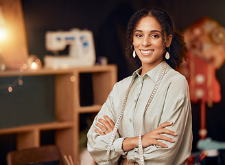 Image showing Small business, fashion and portrait of black woman designer in studio for clothing manufacturing and online sales. Fabric, design and confident successful woman startup owner, ecommerce and success.