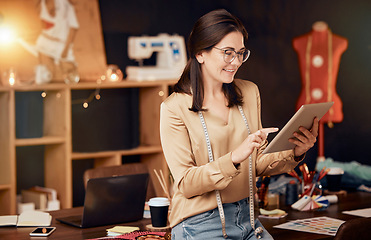 Image showing Fashion, designer and tablet of woman with idea, creativity and planning at workshop in Paris. Creative, tech and internet of clothes design worker happy with inspiration for small business.