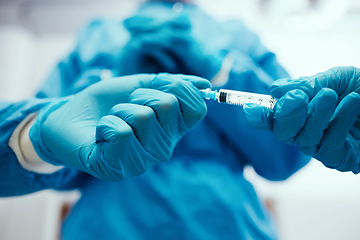 Image showing Hands, medical and syringe for surgery, healthcare or wellness in hospital. Closeup, equipment or tool for injection, diagnosis or cure for disease, sickness or blue glove for protection or operation