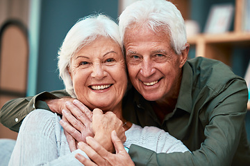 Image showing Portrait, senior couple and hug in living room, family home and relaxing in lounge for love, care and retirement together in Australia. Happy, smile and elderly old man, woman and people in house