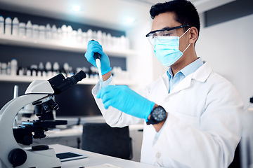 Image showing Covid, research and scientist in a lab for a test, science innovation and medical development for future. Chemical analysis, healthcare study and worker with an investigation on a virus and face mask