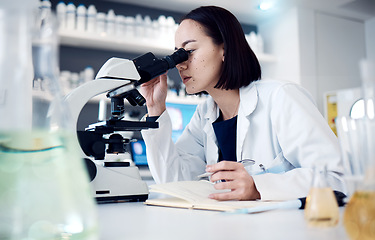 Image showing Science, microscope and writing with a doctor woman doing research in her laboratory for innovation. Healthcare, zoom and notebook with a female scientist working in a lab for medical development