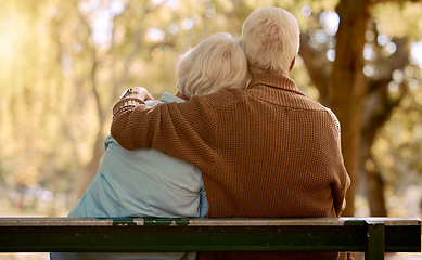 Image showing Relax, hug and love with old couple in park for happiness, marriage and calm. Peace, nature and retirement with man embracing woman on bench for affectionate, bonding and wellness date together
